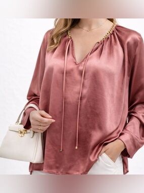Michael Kors Satin Chain Neck Blouse Size Large | Rose Pink Oversized Flowy Top